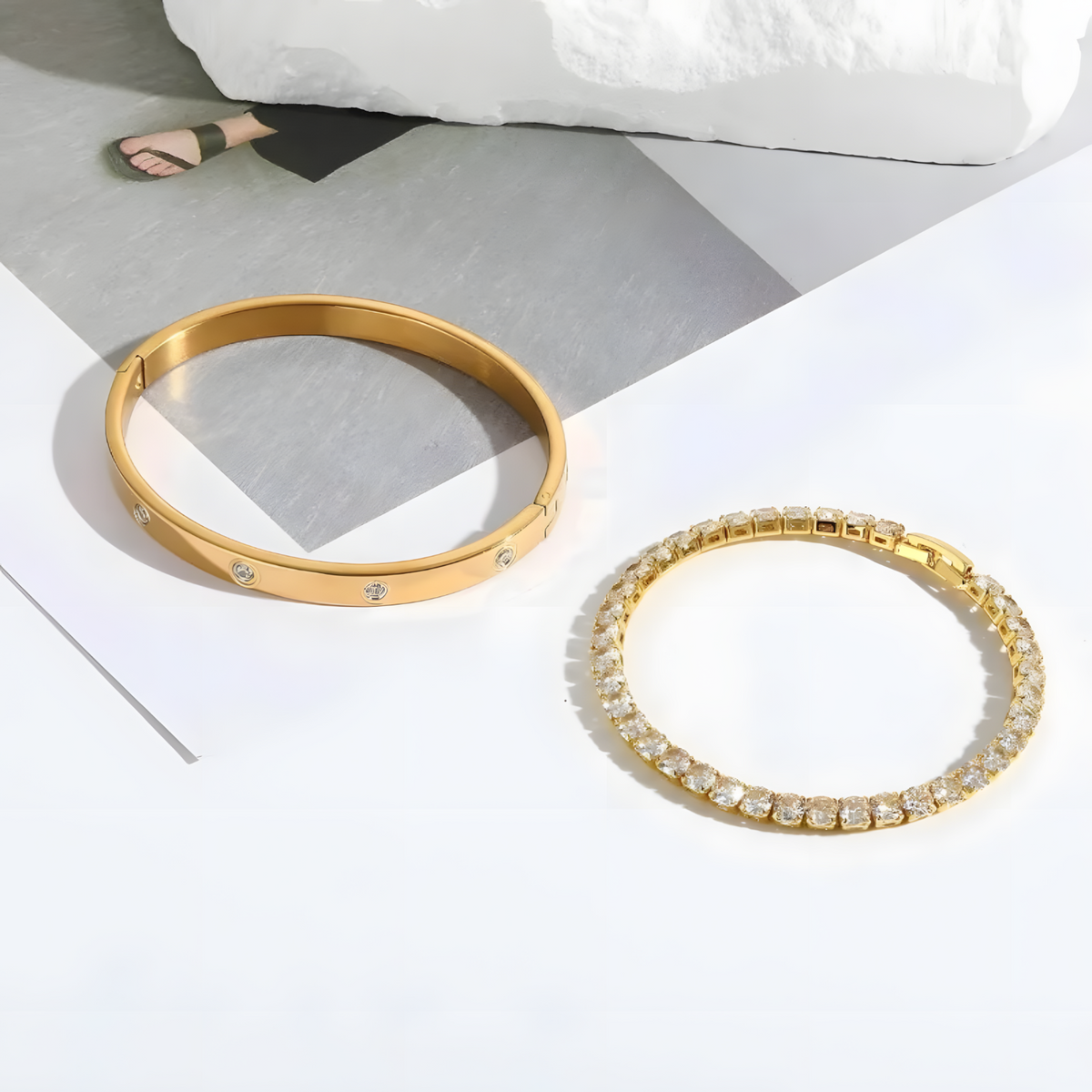 Unified Jewellery Women's Gold Plated Bangle & Tennis Bracelet Set Stackable 443