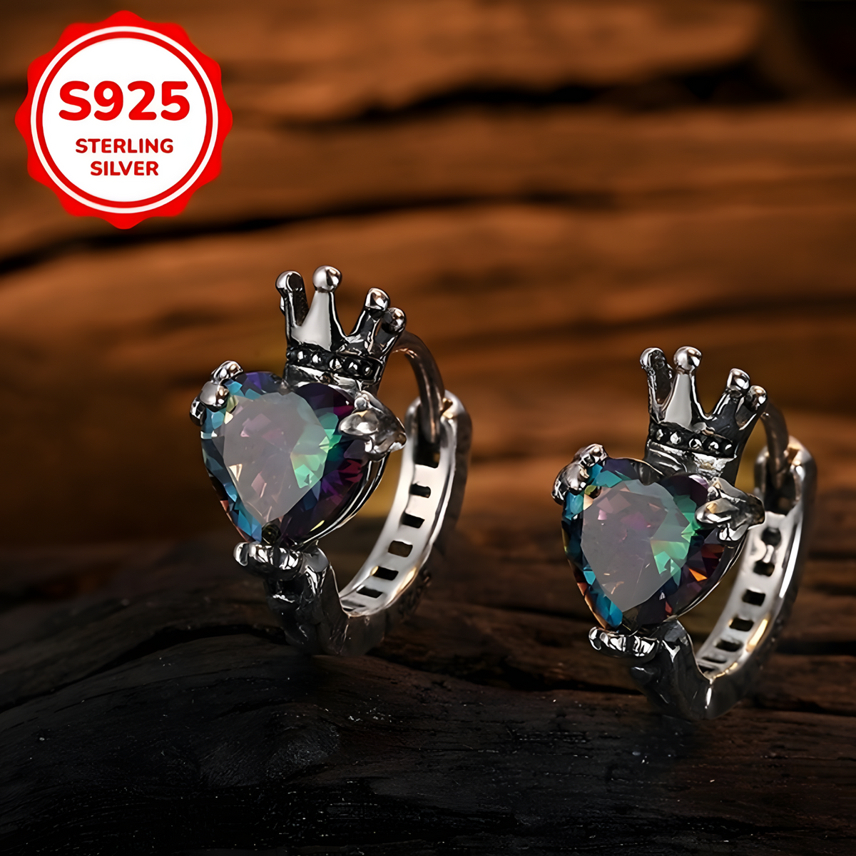 Sterling Silver Crown Heart Hoop Earrings for Women – Cubic Zirconia Hoops 840