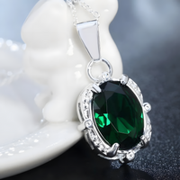 Emerald Green Oval Crystal Look Pendant Necklace For Women Silver Colour 1773