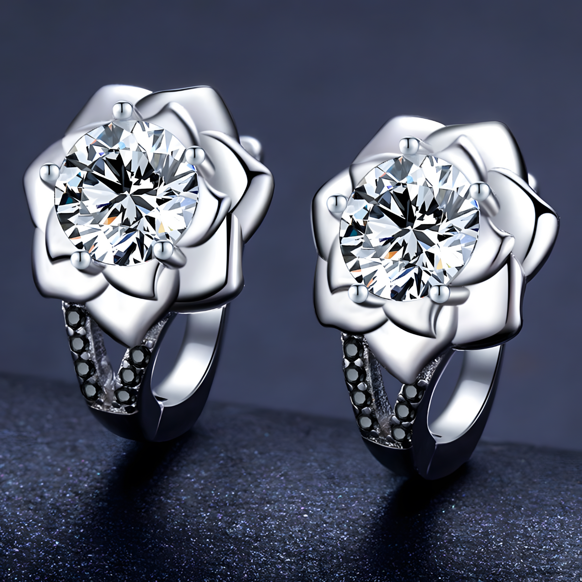 Unified Jewellery Black Spinel Flower Hoop Earrings - Trendy Silver Tone B73