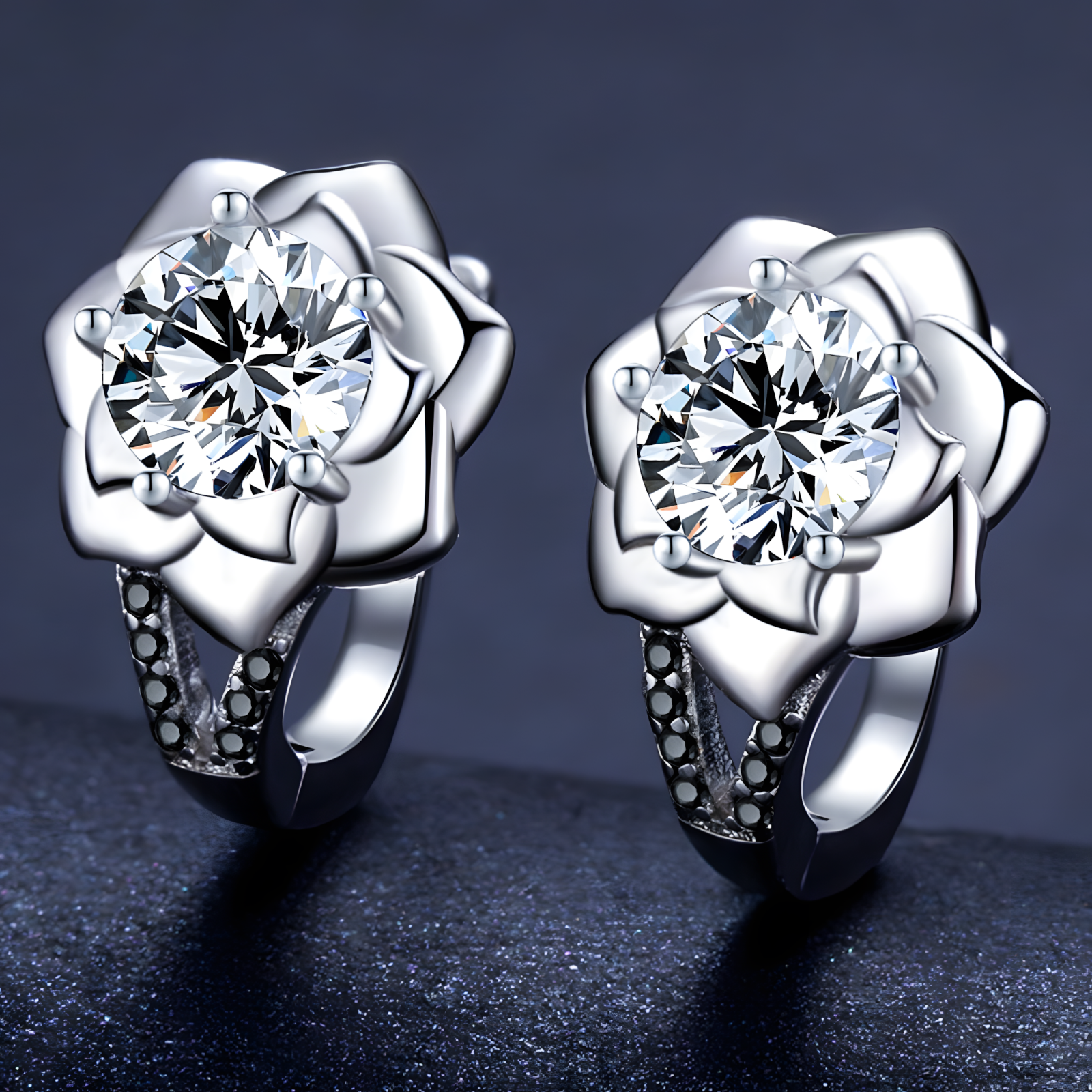 Unified Jewellery Black Spinel Flower Hoop Earrings - Trendy Silver Tone B73
