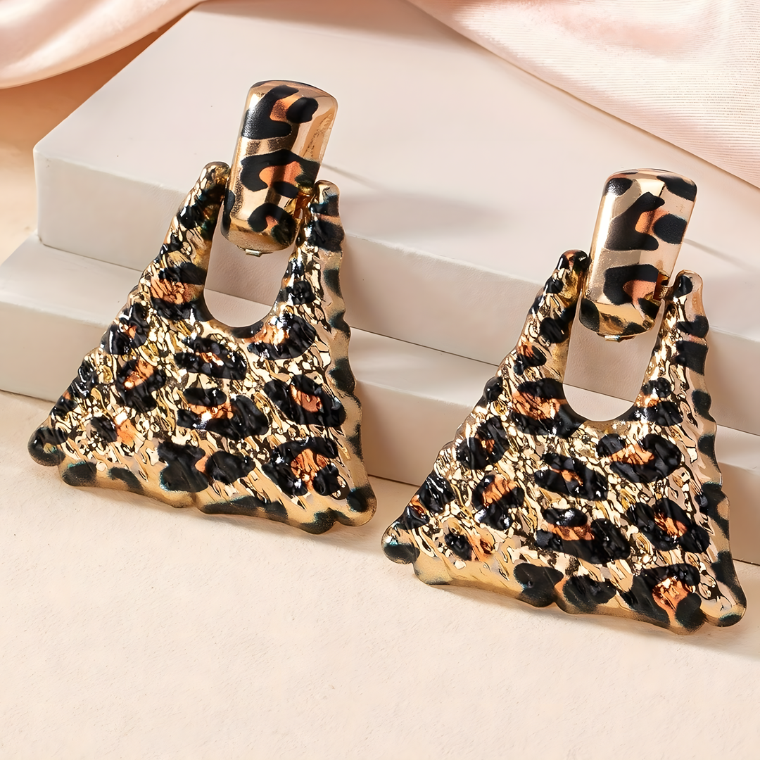 Leopard Print Drop Earrings for Women – Trendy Gold Triangle Dangle Earrings 768