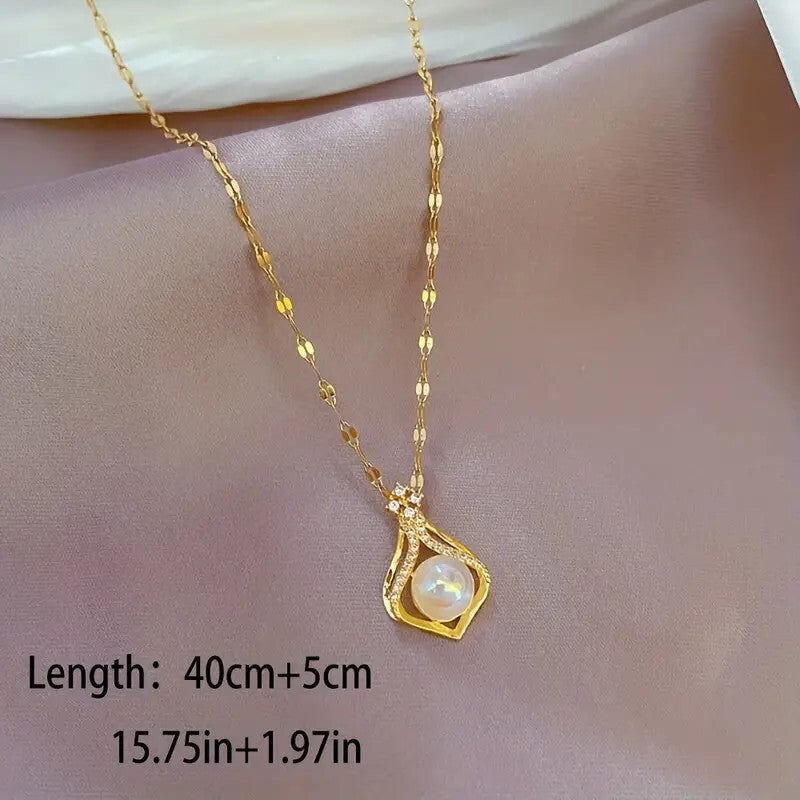 Stainless Steel Water Drop Pearl Pendant Necklace Women Fashion Clavicle 27 UK