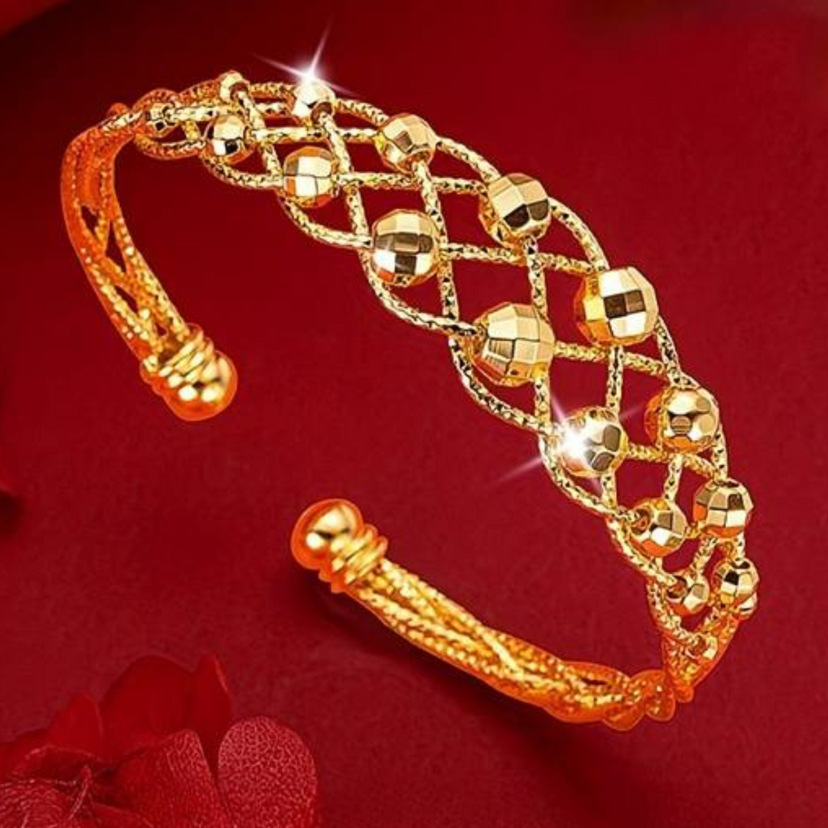 24K Gold Plated Copper Cuff Bracelet for Women, Adjustable Open Bangle Shiny 122