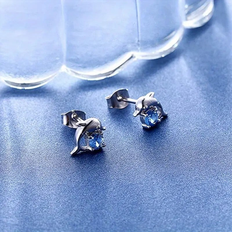 925 Silver Plated Round Cut SeaBlue Gemstone Cute Dolphin Stud Earrings 20 UK