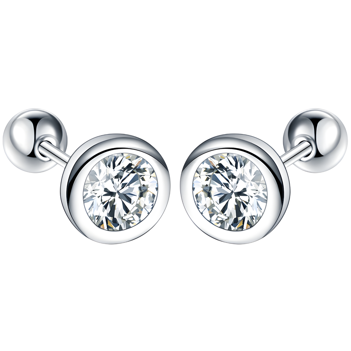 925 Silver-Plated Bezel Round Stud Earrings Clear Zircon Crystal Screw-Back 947