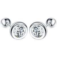 925 Silver-Plated Bezel Round Stud Earrings Clear Zircon Crystal Screw-Back 947