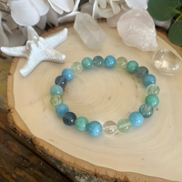 Inner Strength Bracelet-Fluorite, Aquamarine & Amazonite 8mm Beaded Stretch 1494