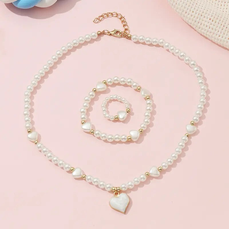 3pcs Necklace Bracelet Ring Set Girls, Sweet Heart Faux Pearl Jewelry Set 107 UK