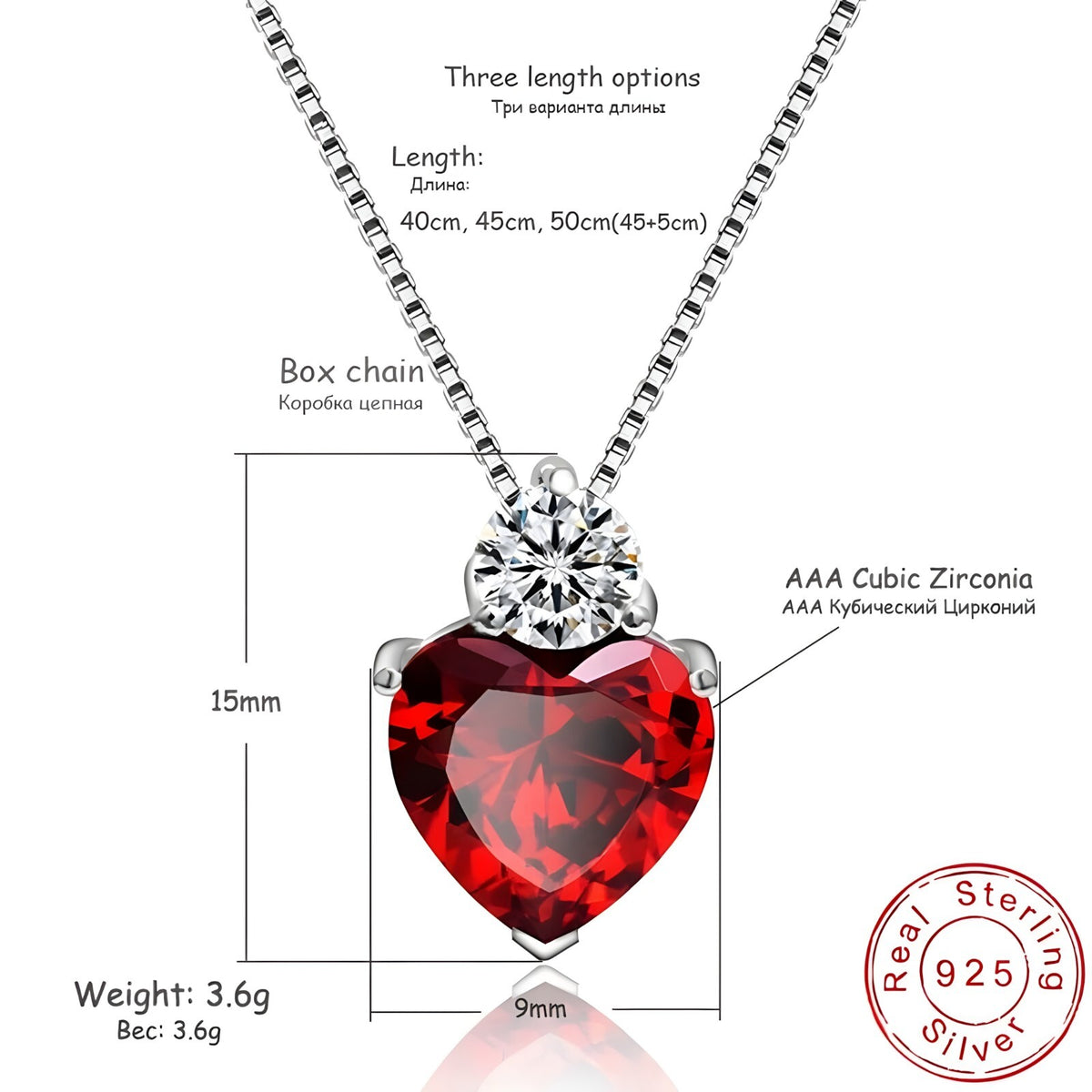 925 Sterling Silver Heart Pendant Necklace Red AAA Cubic Zirconia Box Chain 280
