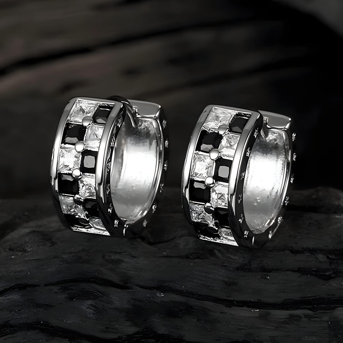 925 Sterling Silver Huggie Hoop Earrings Women Black & White Zircon Inlay 318