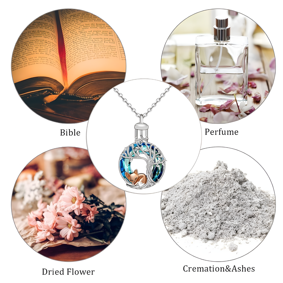 Lovely Fox Tree of Life Crystal Urn Necklace - Keepsake Memorial Jewellery B68