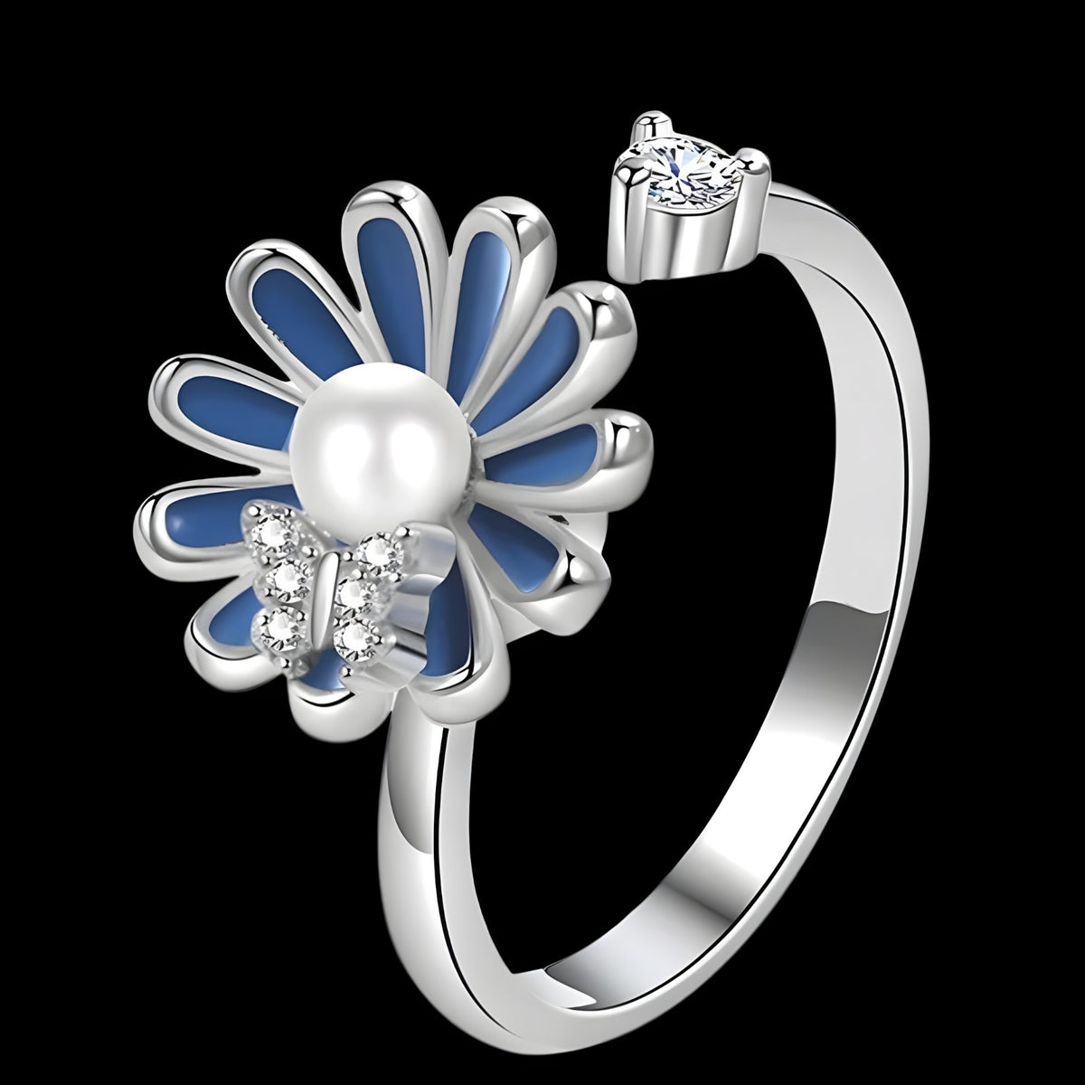 925 Sterling Silver Style, Rotating Flower, Pearl Center, Butterfly Accent 375