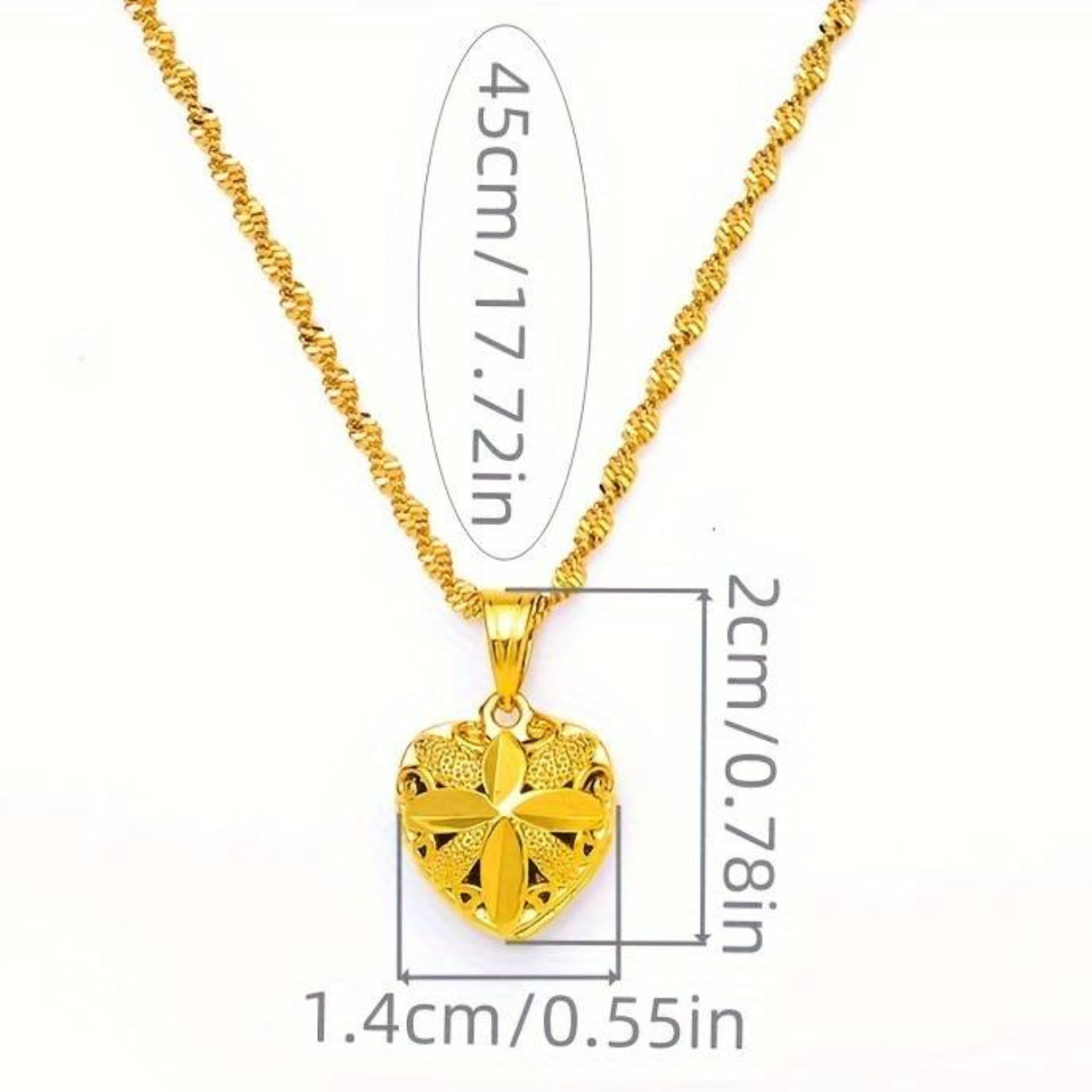 24K Gold Plated Brass Heart Pendant Necklace for Women, Vintage Style, Peach 126