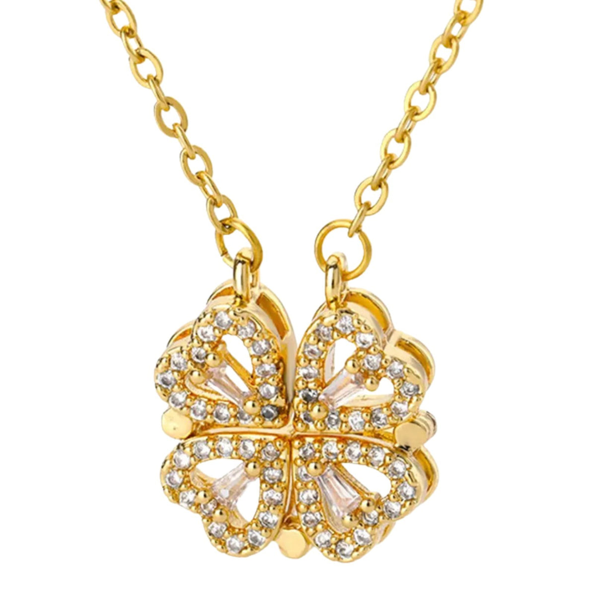 Magnetic Four Leaf Clover Necklace, Gold-Toned Chain, Sparkling CZ Stones 373