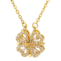 Magnetic Four Leaf Clover Necklace, Gold-Toned Chain, Sparkling CZ Stones 373
