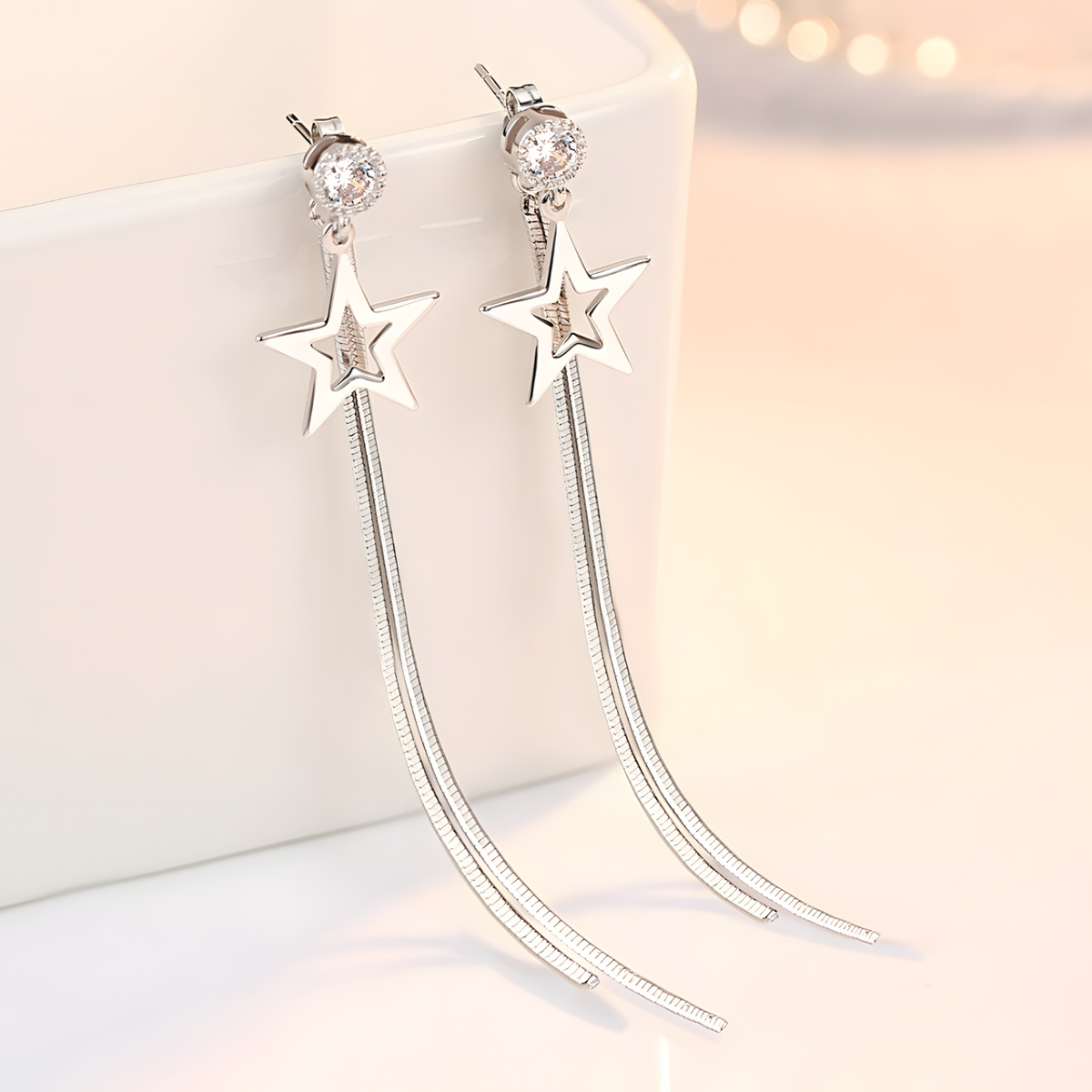 925 Silver-Plated Alloy Long Star Dangle Earrings for Women– Classic Zircon 1000