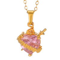 Women's Gold Plated Heart Necklace, Pink Zircon Pendant Cupid Arrow B173