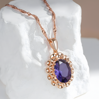 Purple Natural Zircon Pendant Necklace for Women, Copper Alloy Rose Gold 1294