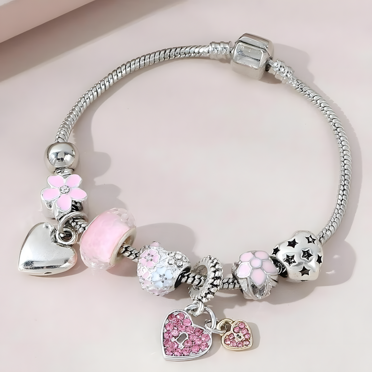 Obega Love Heart Flower Glass Pendant Charm Bracelet Classic Pink White B186