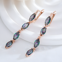 Colorful Natural Zircon Long Drop Earrings Women, Copper Base 585 Rose Gold 1278