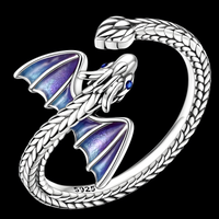 Adjustable Dragon Open Ring Silver Tone Rhodium-Plated Blue Enamel Wings 1441