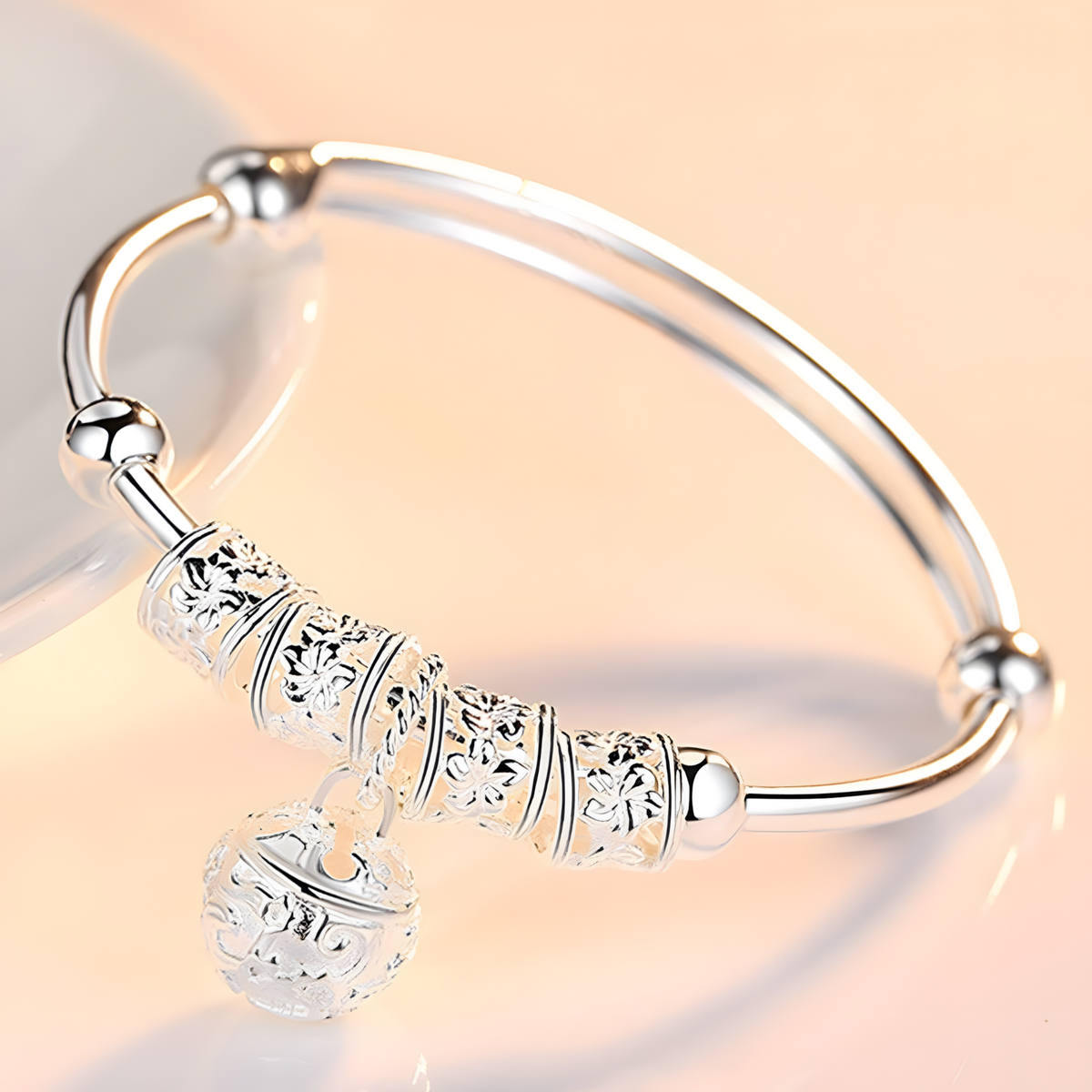 Sterling Silver Filigree Bell Bangle Women 925 Adjustable Open Cuff Bracelet 870
