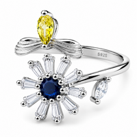 Crystal Floral Rotatable Ring For Women, Adjustable Silver Tone Spinner 1517