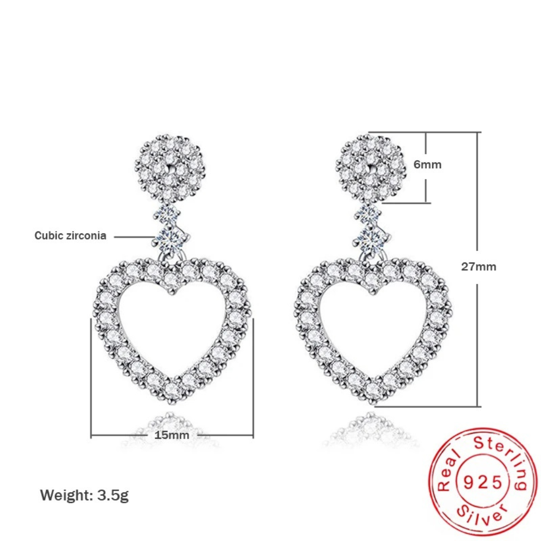 Dazzling Heart Drop Earrings Women Sterling Silver 925, Sparkling CZ Crystal 298