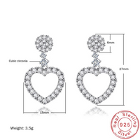 Dazzling Heart Drop Earrings Women Sterling Silver 925, Sparkling CZ Crystal 298