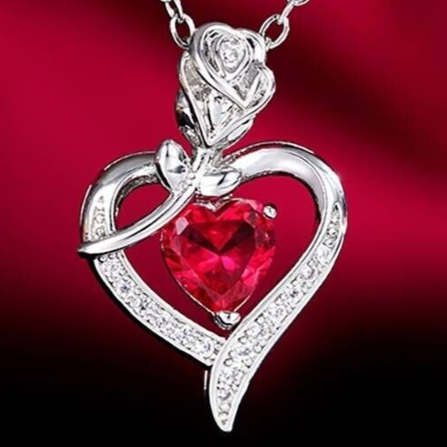 925 Silver Plated Elegant Rose Zircon Heart Hollow Ruby Pendant Necklace 22 UK