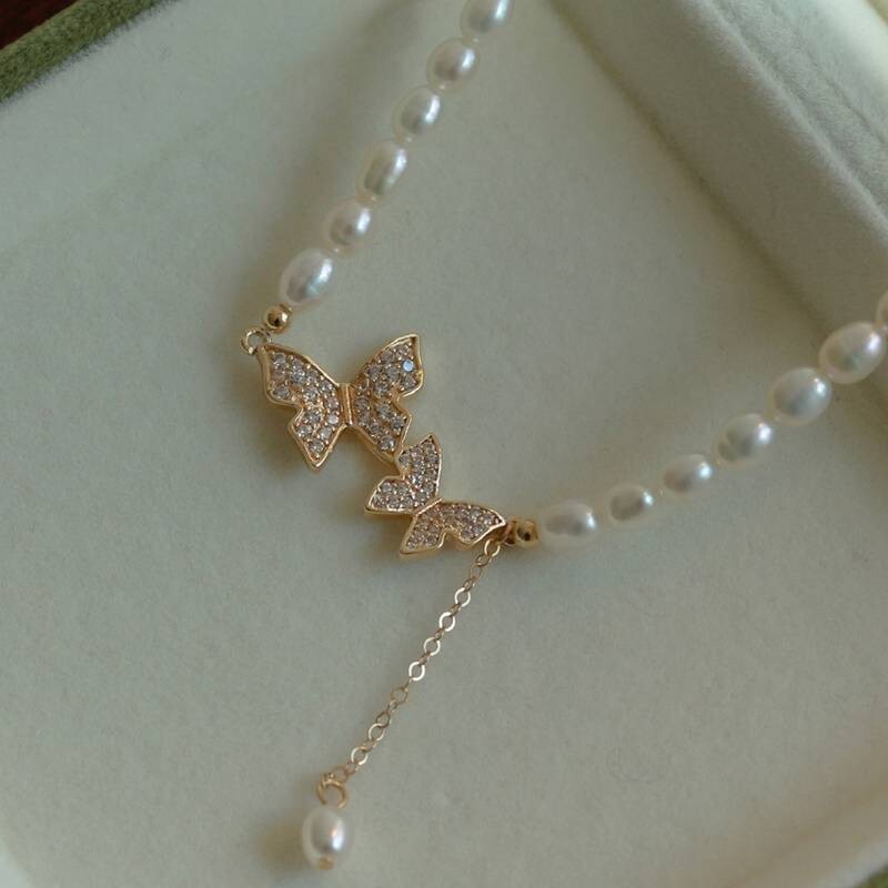 Butterfly Necklace Faux Pearls Beads Elegant Bead Necklace Rhinestones 69 UK
