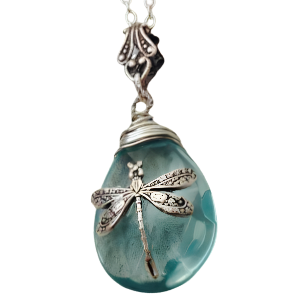 Dragonfly Teardrop Crystal Necklace For Women Silver Tone Aqua Blue Pendant B353