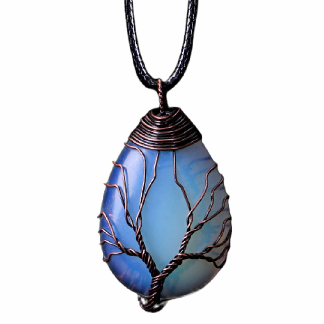Opal Tree Of Life Pendant Necklace For Women Oval Opalescent Gemstone State 1345