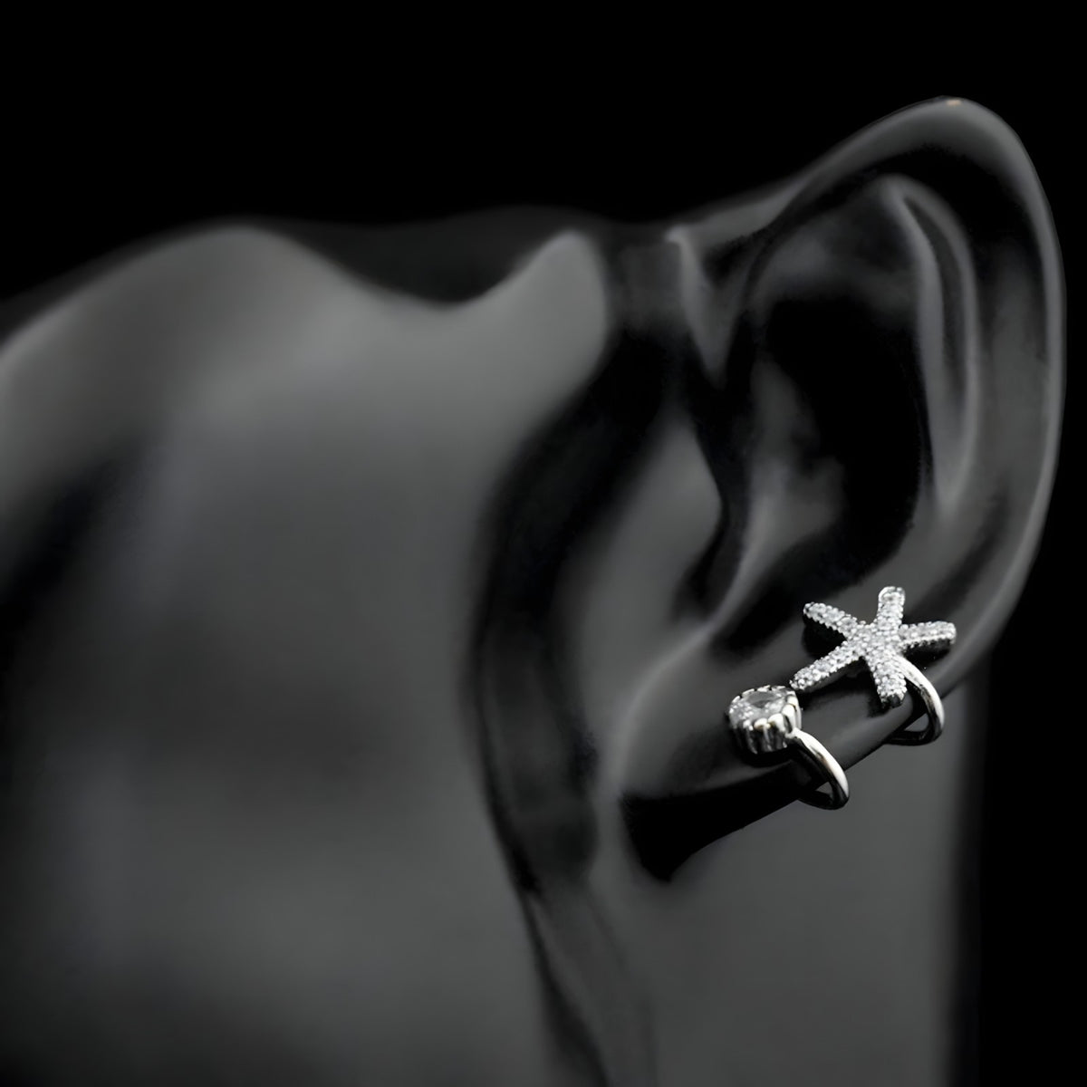 925 Sterling Silver Starfish & CZ Spiral Cuff Earrings - Unique Ear Climber 354