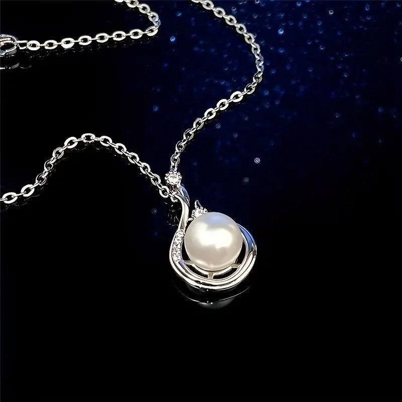 Copper Silver Plated Necklace Platinum Faux Pearl Pendant Niche Clavicle 61 UK