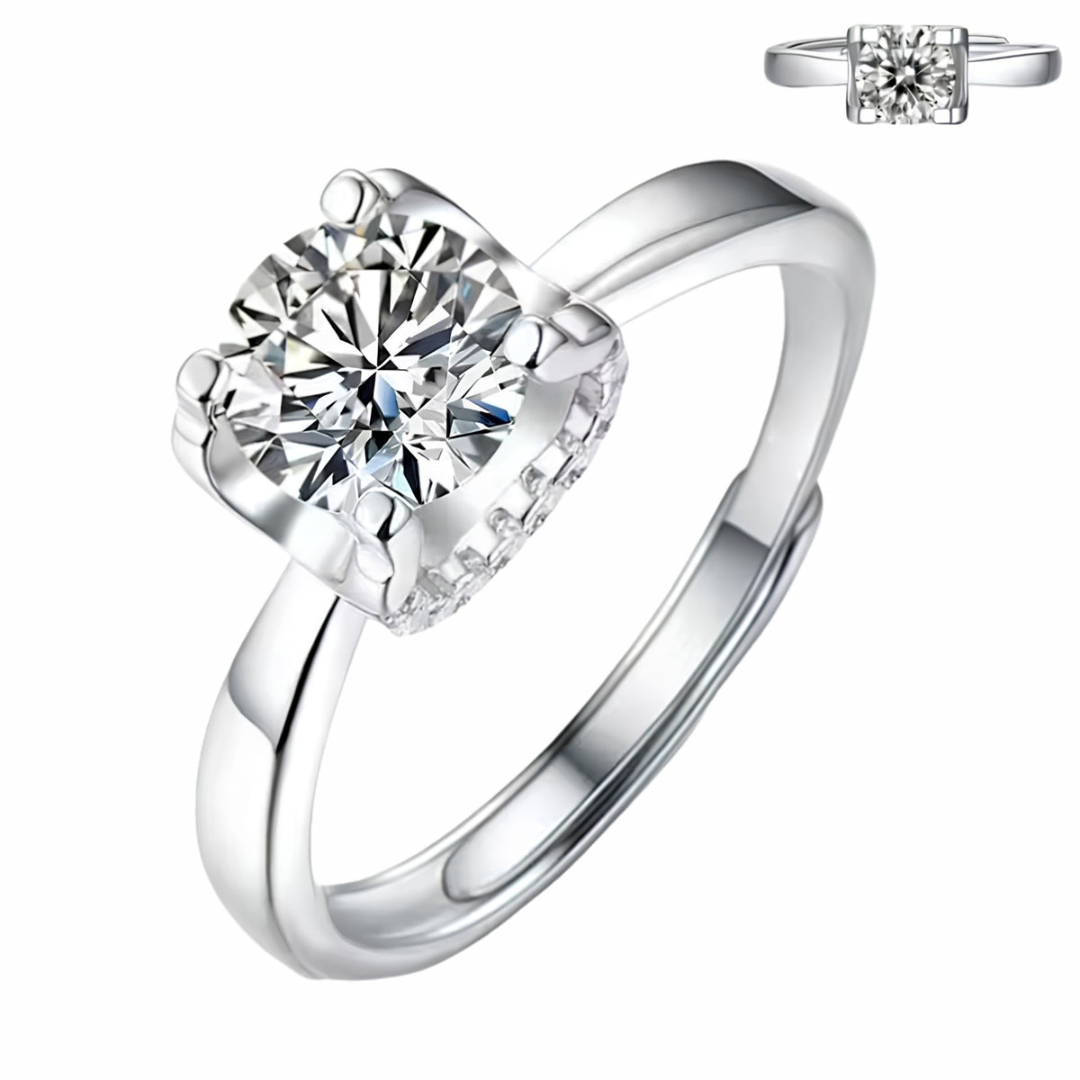Adjustable Halo Ring, Square Frame Zircon Proposal Ring, Silver Pave Band 1628