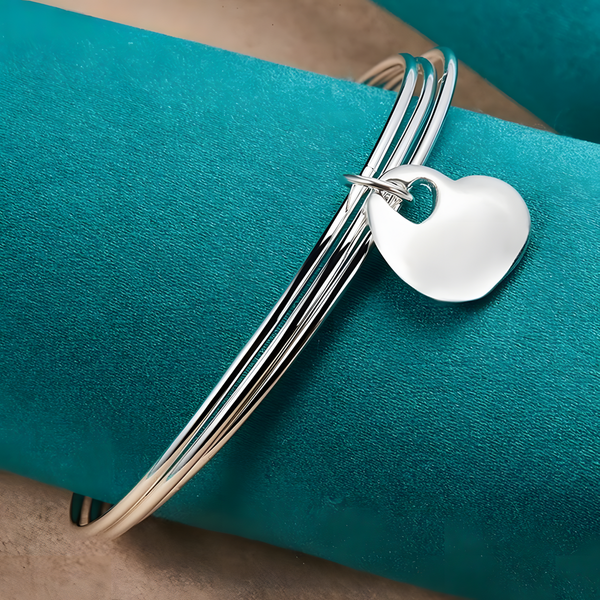 925 Sterling Silver Three Circle Bangle Bracelet with Heart Charm for Women 406