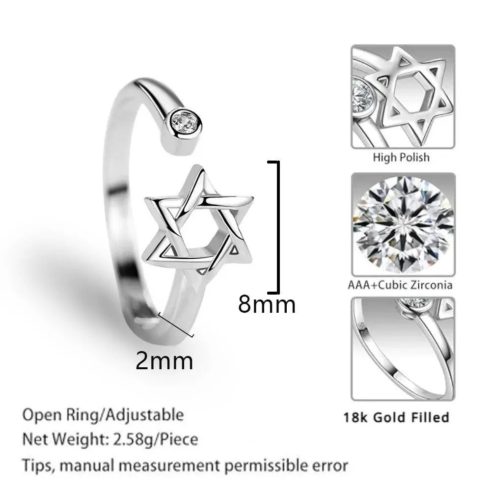 Star of David Adjustable Ring - AAA Cubic Zirconia Open Ring, Jewish Jewelry 366