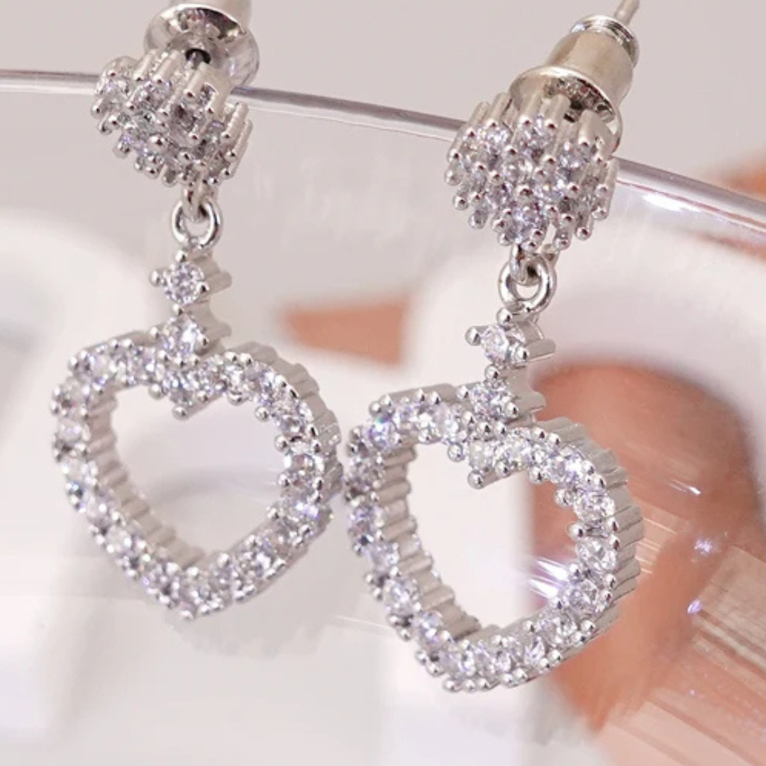 Dazzling Heart Drop Earrings Women Sterling Silver 925, Sparkling CZ Crystal 298