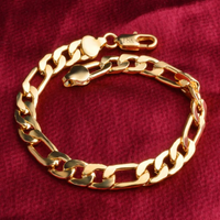 Gold Plated Figaro Chain Bracelet, Classic Link Design, Women's Fashion 421