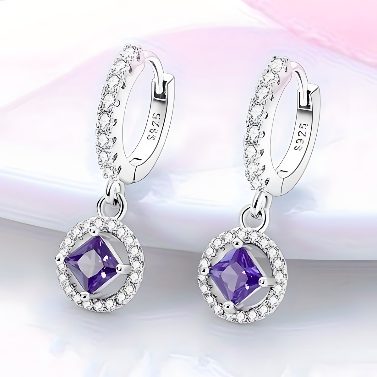 925 Sterling Silver Crystal Dangle Earrings Elegant Square Stone Jewelry  565