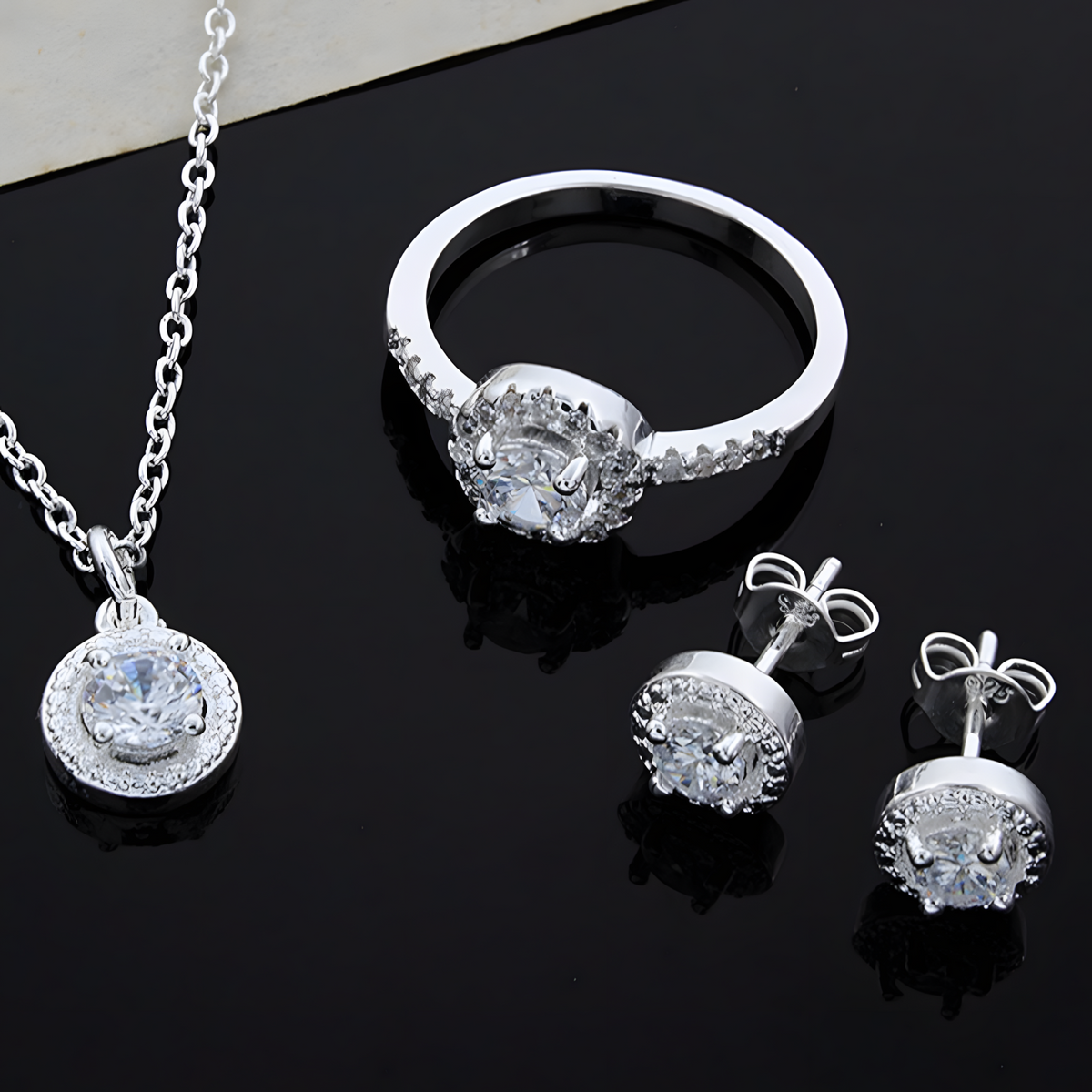 925 Silver-Plated Round Zircon Jewellery Set Halo Necklace, Earrings & Ring 846