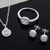 925 Silver-Plated Round Zircon Jewellery Set Halo Necklace, Earrings & Ring 846
