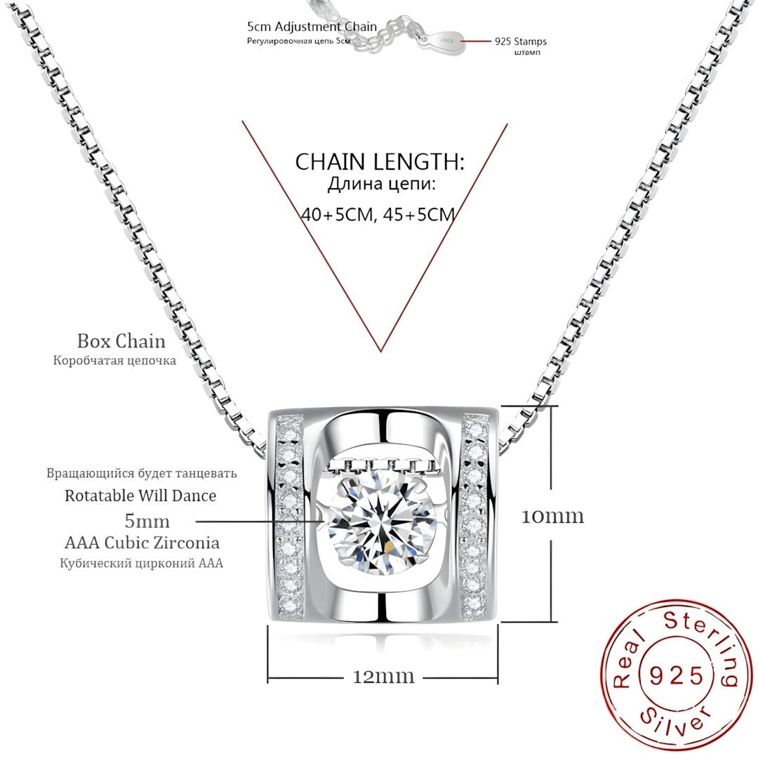 925 Sterling Silver Rotating Dancing Zircon - Necklace Sparkling Pendant 255