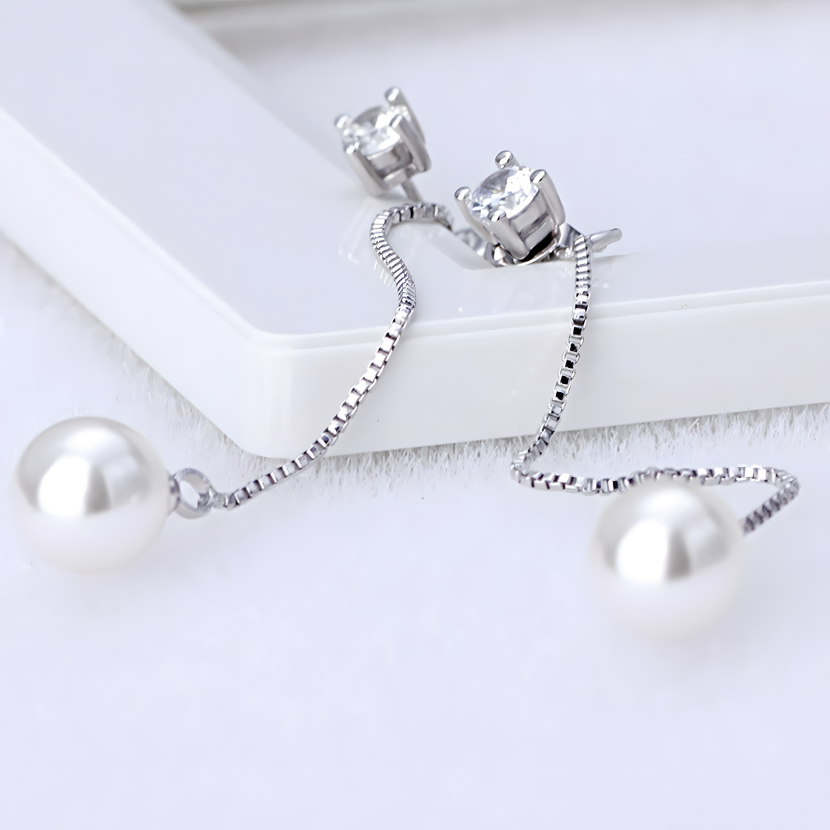 Silver-Plated Pearl Drop Earrings Women Long Chain Dangle Cubic Zirconia 922
