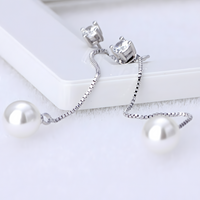 Silver-Plated Pearl Drop Earrings Women Long Chain Dangle Cubic Zirconia 922