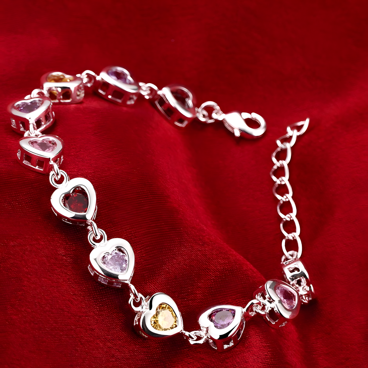 Adjustable Heart Crystal Charm Bracelet 20cm Silver Tone Multicolour Heart 1734