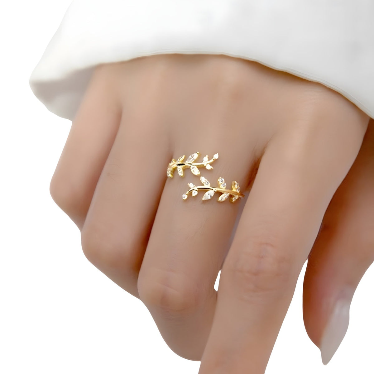 Sterling Silver Leaf Ring(Adjustable)Open Leaf Branch Ring with Cubic Zircon 392