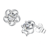 925 Silver-Plated Crystal Flower Stud Earrings Women Vintage Plant Design 1042